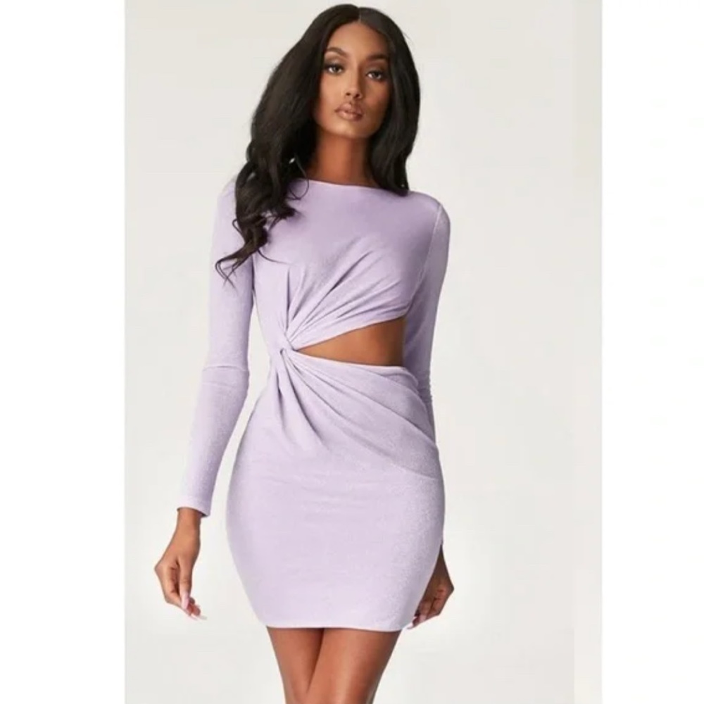 MESHKI FAWN TWIST SIDE LONG SLEEVE SHIMMER DRESS XS